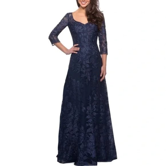 NWT La Femme 28053 Floral Embroidered Mesh A-Line Gown Navy Blue 6